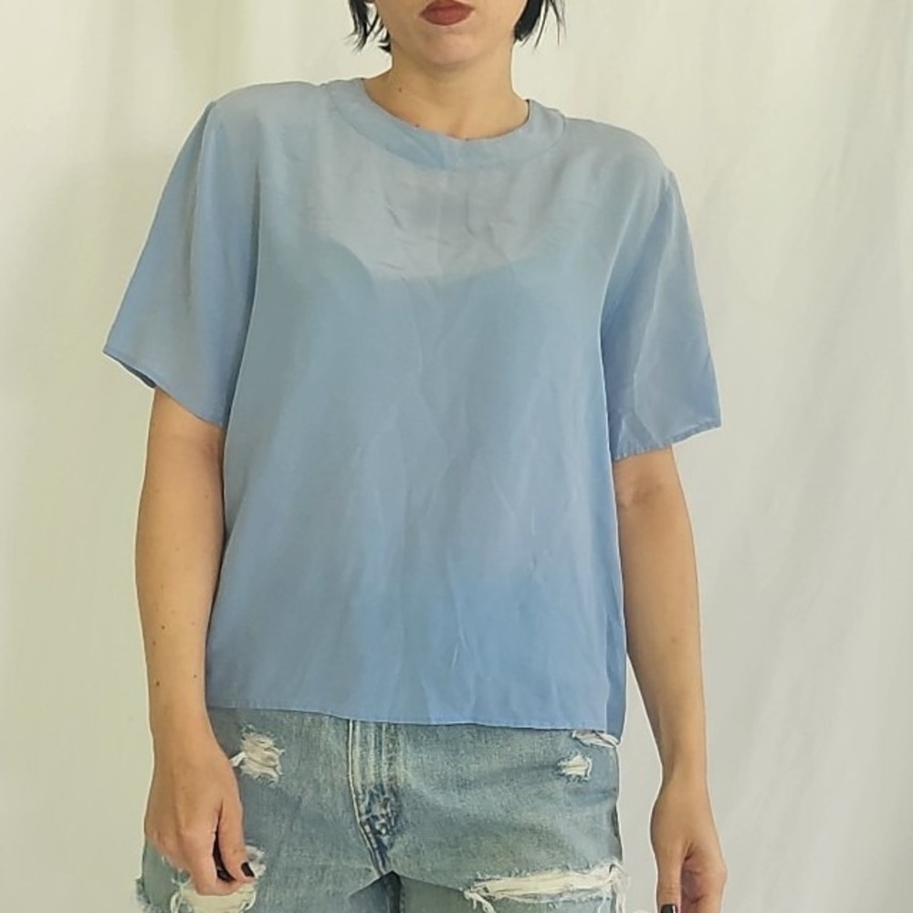 90s Blue Silk Short Sleeve Blouse